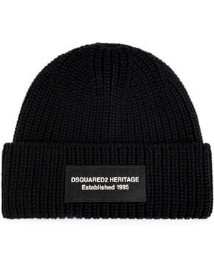 DSquared² Heritage Logo-Patch Ribbed-Knit Beanie Hat - Black