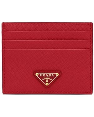 Prada Triangle-Logo Saffiano Leather Card Holder - Red