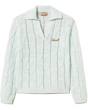 Twinset Polo Collar Cable Knit Jumper With Brooch - Blue