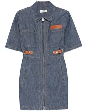 Fendi Leather-Trim Zip-Up Dress - Blue