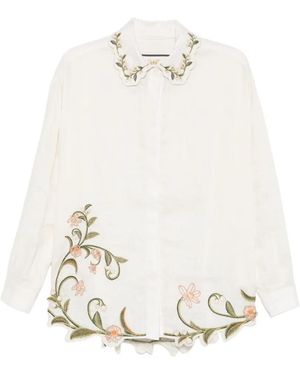 Agua Bendita Cecilia Valle Floral-Embroidered Shirt - White