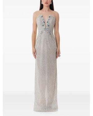 Dina Melwani Crystal Hand-Embroidered Maxi Gown - White