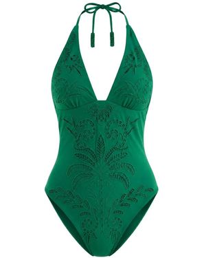 FARM Rio Broderie-Anglaise Halterneck Swimsuit - Green