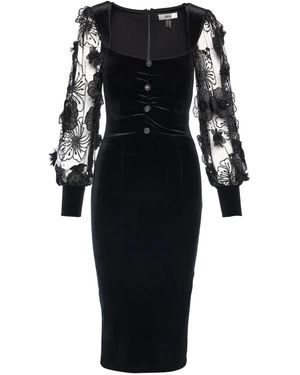 Nissa 3D-Flowers Velvet Midi Dress - Black