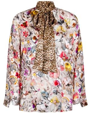 Roberto Cavalli Pussy-Bow Floral-Print Blouse - White