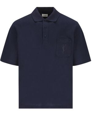 Saint Laurent Polo Cassandre De Piqué De Algodón - Azul