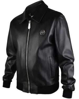 Philipp Plein Logo-Patch Leather Jacket - Black