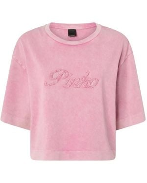 Pinko Cropped T-Shirt With Distressed Embroidery - Pink