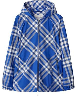 Burberry Check-Pattern Hooded Zip-Up Jacket Nylon - Blue