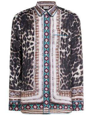 Pierre Louis Mascia Aloe Leopard-Print Geometric-Trim Shirt - Grey