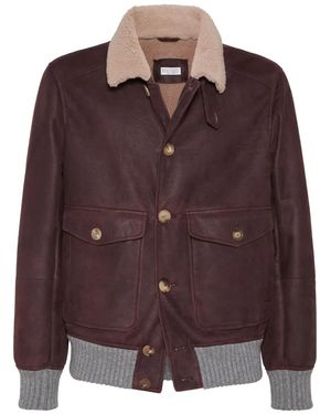 Brunello Cucinelli シアリングカラー レザージャケット - ブラウン