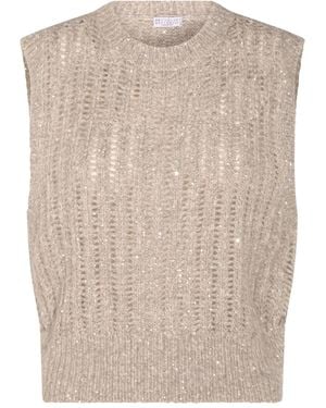 Brunello Cucinelli Textured Knit Sleeveless Sweater With Ribbed Detai - Natur