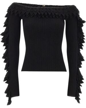 Blumarine Ribbed Jumper With Scalloped Ruffles - Black