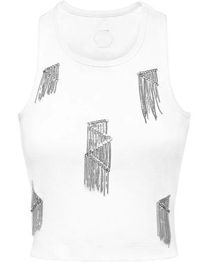 Philipp Plein Cropped Tank Top With Intricate Fringe Detailing - White