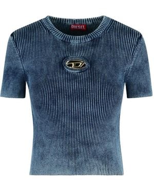 DIESEL T-Shirt Nervuré À Logo Ovale - Bleu