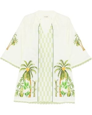 VERANDAH Foliage-Print Scalloped-Trim Mini Dress - White