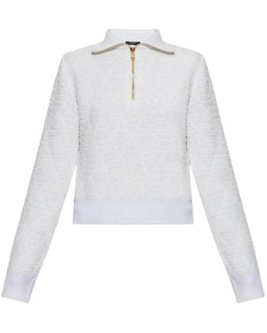 Balmain Half-Zip Textured-Knit Jumper - White