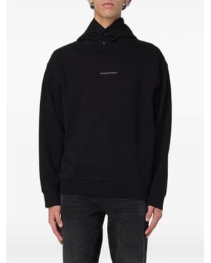 Emporio Armani Logo-Print Press-Stud Hoodie - Black