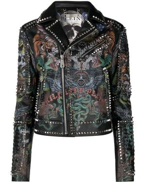 Philipp Plein Tattoo-Print Biker Jacket - Black
