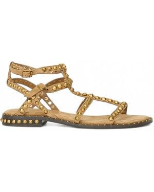 Ash Precious Stud-Embellished Leather Flat Sandals - Natural