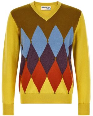 Ballantyne Diamond-Intarsia V-Neck Sweater - Yellow