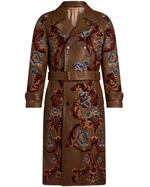 Etro Leather Trench Coat With Embroidery - Brown