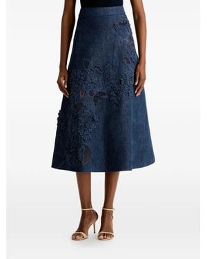 Oscar de la Renta Porcelain-Flower Cutout-Detail Midi Skirt - Blue