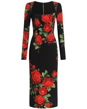 Dolce & Gabbana Vestido Midi Con Rosa Estampada - Rojo