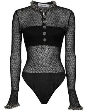 Self-Portrait Embellished Open-Knit Bodysuit - Black