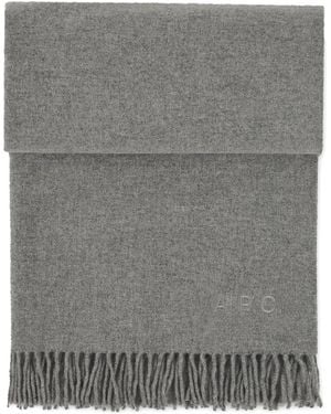 A.P.C. Embroidered-Logo Fringed Scarf - Grey