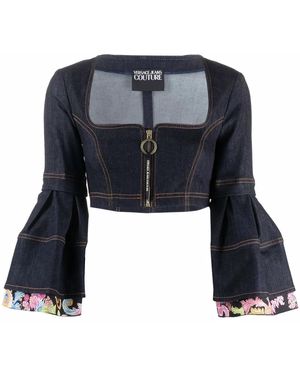 Versace Jeans Couture Flounce-Sleeved Cropped Top - Blue