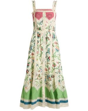 Etro Cotton Midi Dress With Lace Inserts And Floral Motif - Green