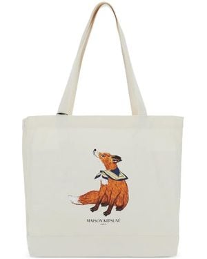 Maison Kitsuné Fox-Print Tote Bag - White