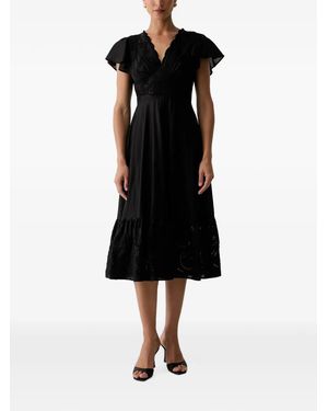 Morgan Embroidered Flutter-Sleeve Midi Dress - Black