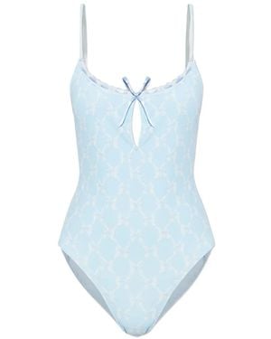 LoveShackFancy Bow-Detail Lace-Trim One-Piece - Blue