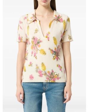 Blumarine Wingtip-Collar Floral-Print Top - Natural