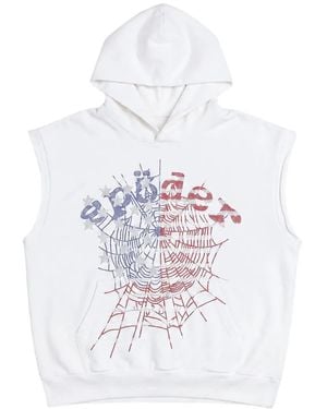 Sp5der Rhinestone Og Web Sleeveless Hoodie - White