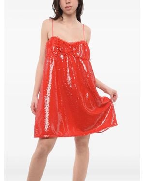 Ganni Sequin-Embellished Ruffled Dress - Red