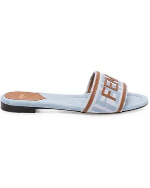 Fendi Sunshine Logo-Patch Denim Sandals - White