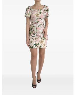 Dolce & Gabbana Lily-Print Puff-Sleeve Mini Dress - White