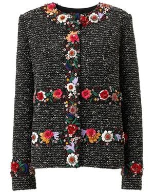 Carolina Herrera Floral-Embroidered Tweed Jacket - Black