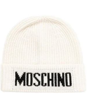 Moschino Logo-Intarsia Ribbed-Knit Beanie Hat - White