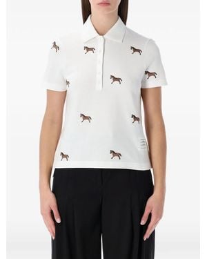 Thom Browne Horse-Embroidered Short Sleeve Polo Shirt - White