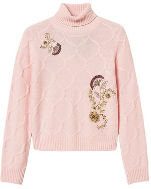 Twinset Wollen Coltrui Met Geborduurde Bloemen - Roze