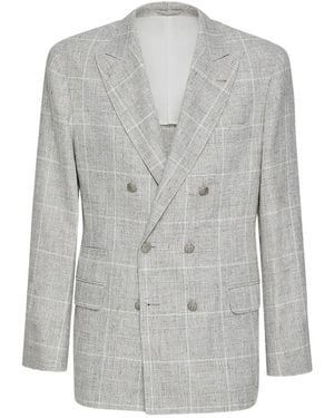 Brunello Cucinelli Linen Prince Of Wales One-And-A-Half Breasted Deconstructed Blazer With Metal Buttons - Grey