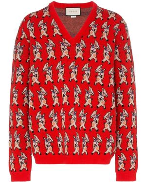 Gucci Dancing Pig-intarsia Wool Jumper - Red