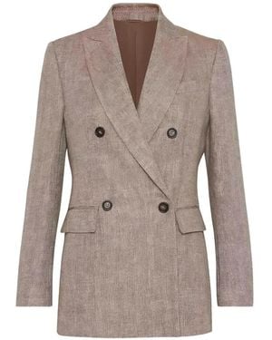 Brunello Cucinelli Double-Breasted Herringbone-Pattern Blazer - Grey