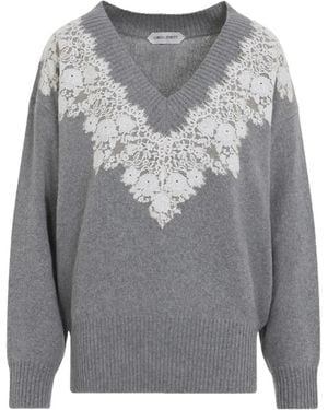 Alberta Ferretti Lace-Trim V-Neck Jumper - Grey