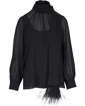 Akris Feather-Trim Pussy-Bow Blouse - Blue