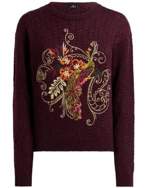 Etro Cropped Cable-Knit Cashmere-Blend Sweater With Peacock Embroidery - Purple